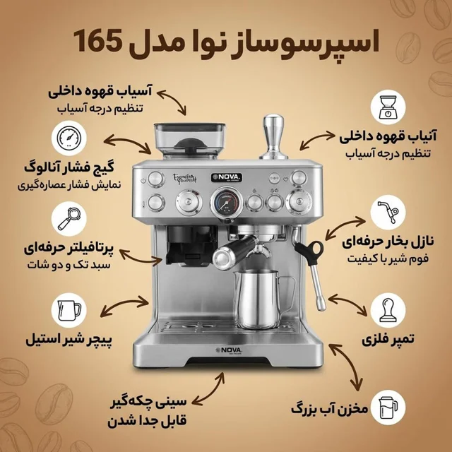 اسپرسوساز نیمه صنعتی 2700 میلیلیتری نوا مدل 165، مناسب تهیه اسپرسو، کاپوچینو، لانگو و امر 102893700